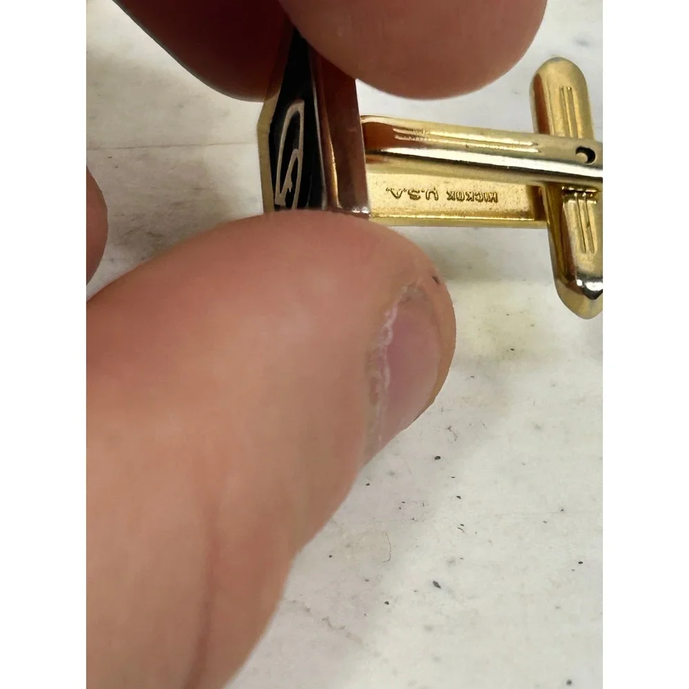 Vintage Hickok USA Gold Tone Black Enamel Initial G Square Cufflinks Mid Century